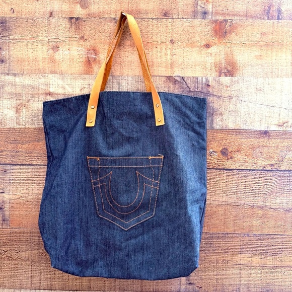 NWOT Unisex True Religion YTruBag Denim Tote Bag with Leather Handles - Picture 2 of 6